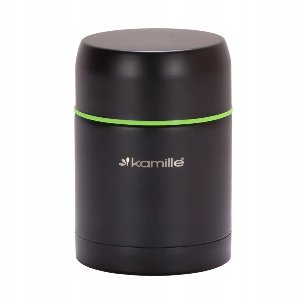 Termos for måltider, sort metall med matt finish, grønn toppkant og sølvfarget logo synlig foran.