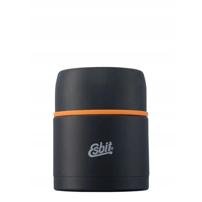 Termos for mat Esbit Food Jug 0,5 L, mørk grå sylinder med oransje stripe og hvit logo på fremsiden.