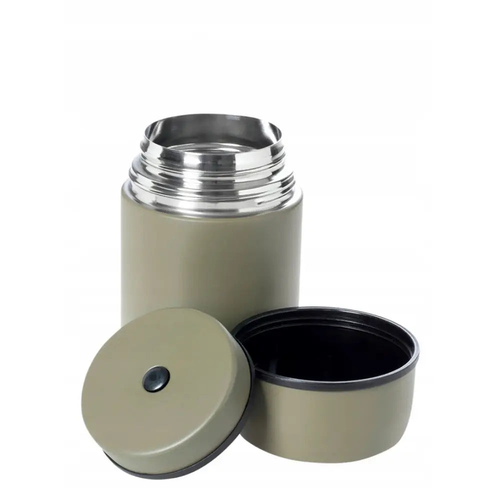 Termos for mat Esbit Food Jug 0,5L i matt olivengrønn, åpent lokk og kopp, synlig blankt stål innvendig.