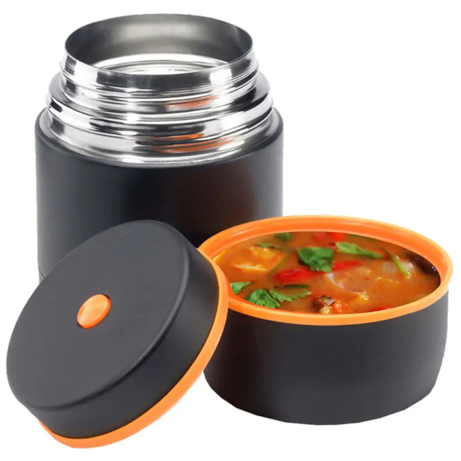 Termos for mat Esbit Food Jug 1L i svart med oransje detaljer, åpent lokk og synlig beger med suppe.