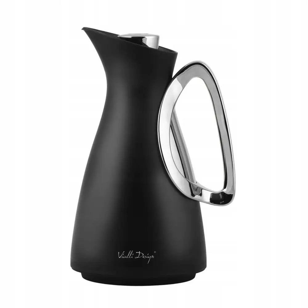 Termos med glassinnsats Alessia 1L, sort matt kanne med buet sølvhåndtak, sidevisning mot hvit bakgrunn.