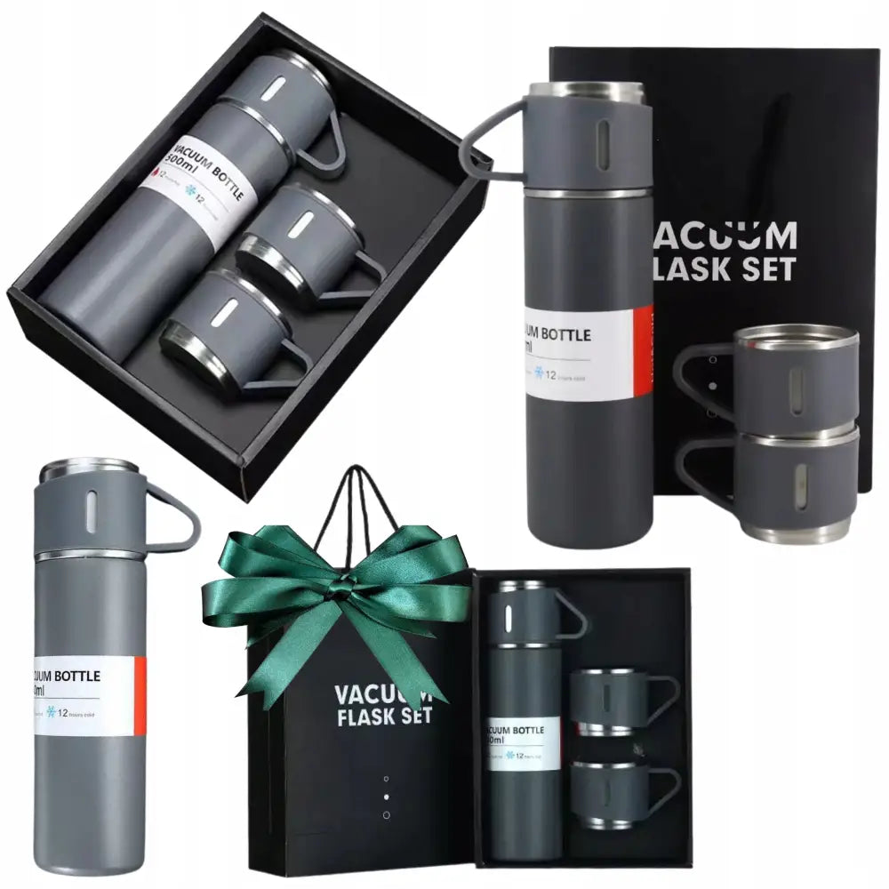 Gavesett med grå termos og to kopper i gaveeske, inkludert gavepose med grønt silkebånd.
