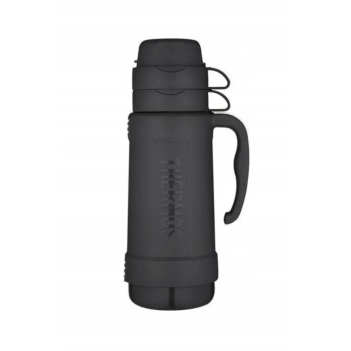 Sort Termos Tradisjonell Glass Termos 1,8L, sidevisning med stor hank, preget logo og lokk med to hemper.