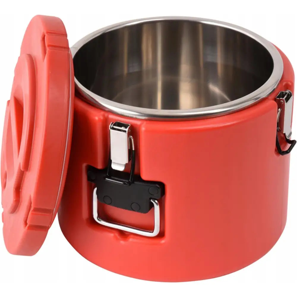 Termos transportbeholder rund 15L, rød modell med lokk, synlig stålinne, metallspenner og håndtak.