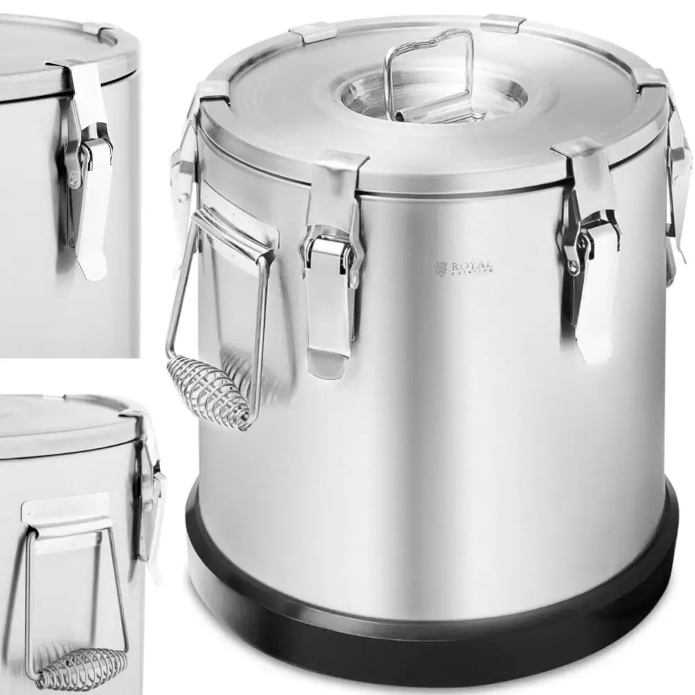 Termosbeholder i rustfritt stål 15 l, skrå forfra med fjærbelastede håndtak og fire låseklips på lokket.