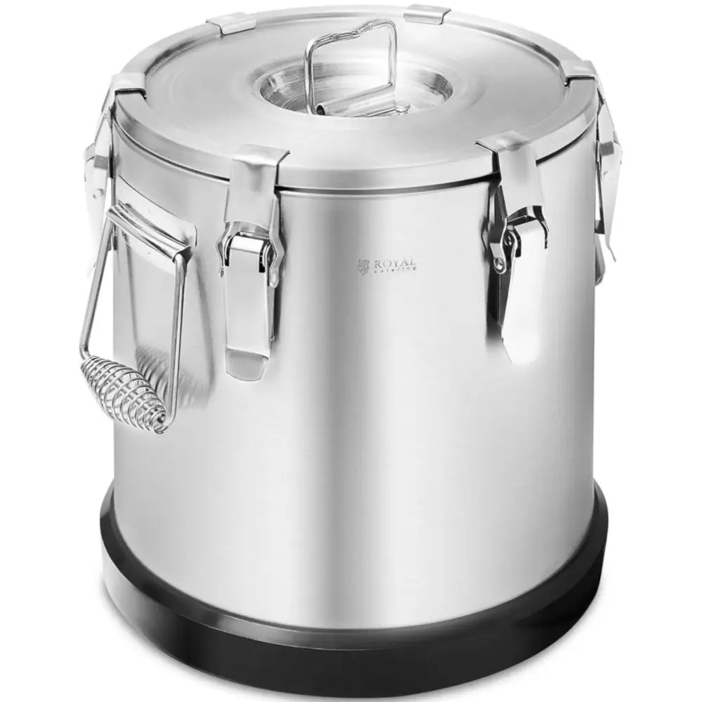 Termosbeholder i rustfritt stål 15 l, skråvisning med håndtak, låseklips og sort sokkel.