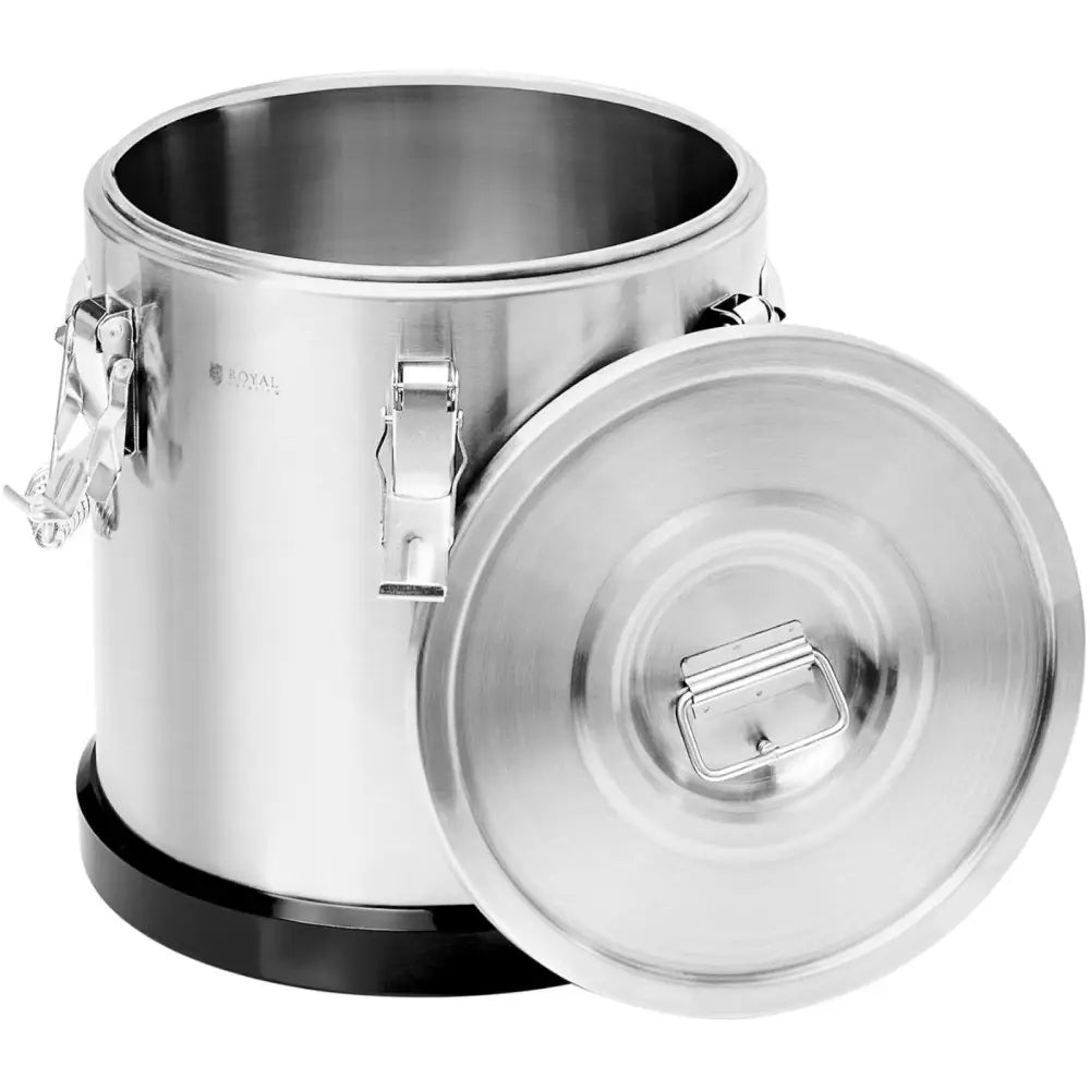 Termosbeholder i rustfritt stål 15 l, åpen med lokk og låsemekanismer synlige, sort bunnring.