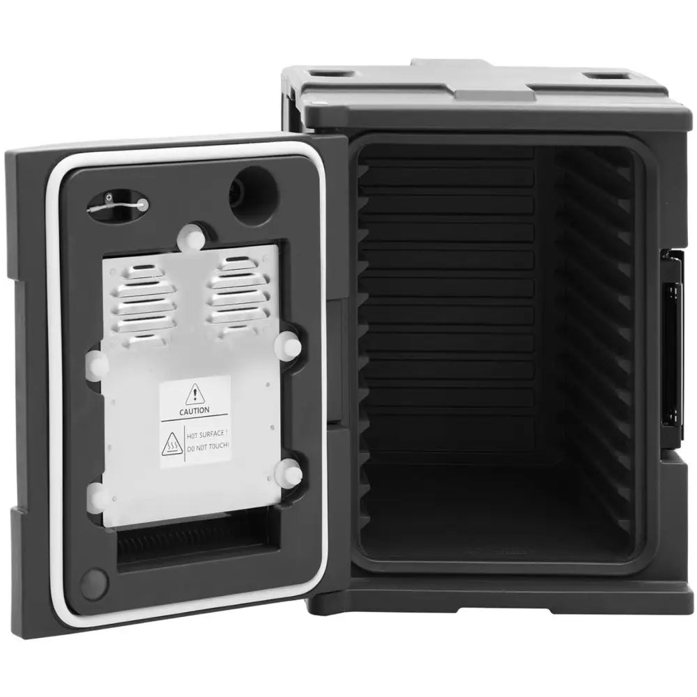 Termosbeholder med elektrisk varmeelement, åpen dør viser ribbet innside og tekniske detaljer i plast.