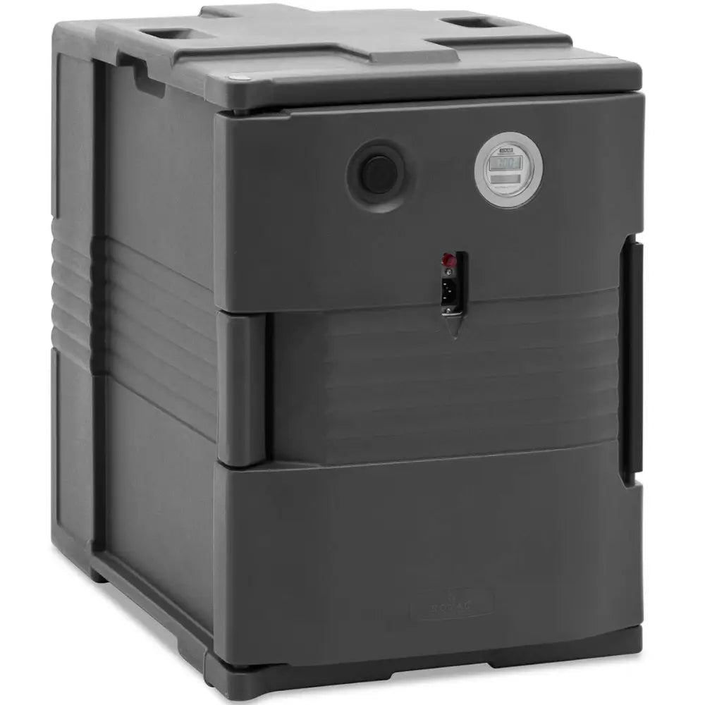 Termosbeholder med elektrisk varmeelement, skrå frontvisning med display, innstikk og lås synlig.