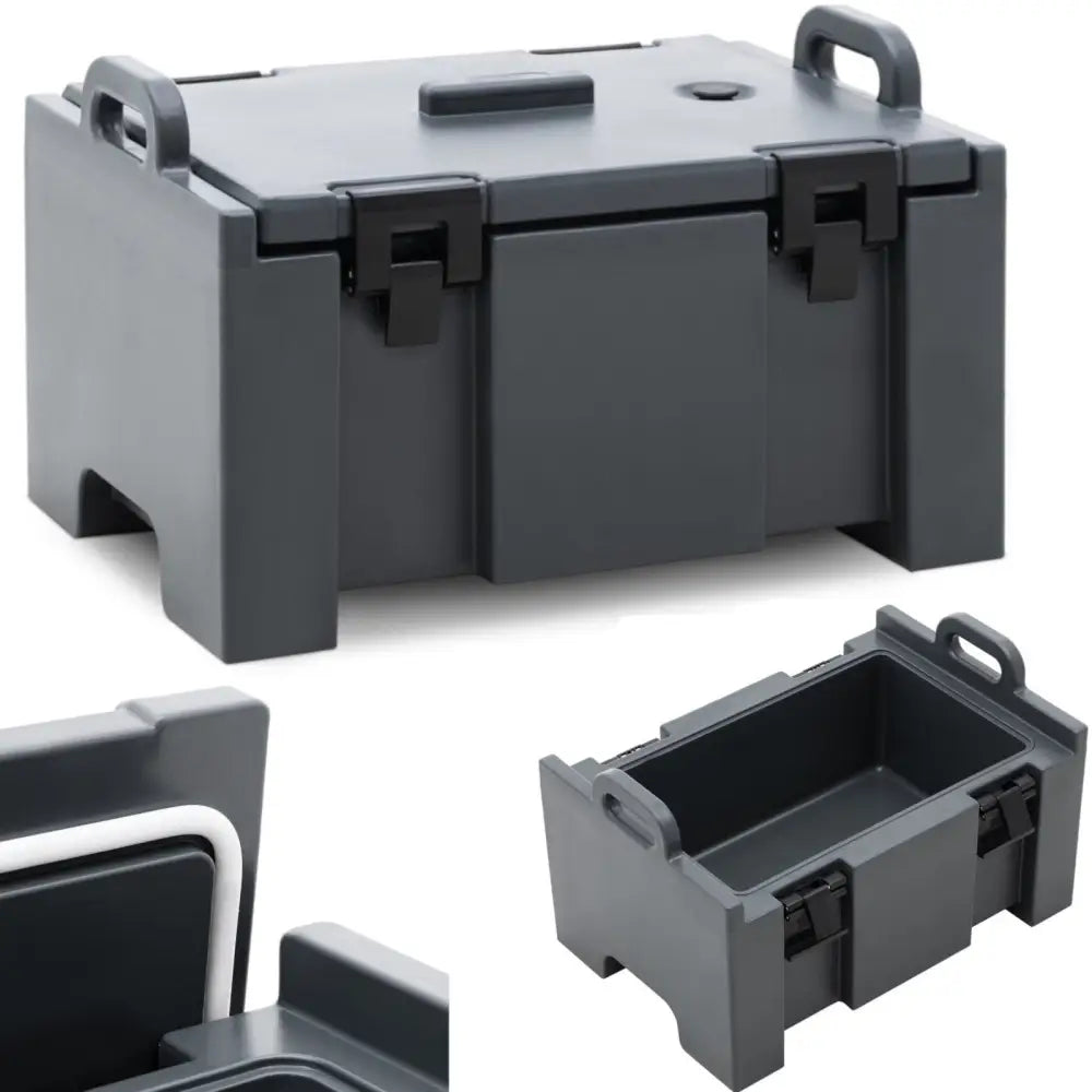 Termosbeholder for catering GN 1/1, skrå vinkel med synlige bærehåndtak, hengsler og åpen låsemekanisme.