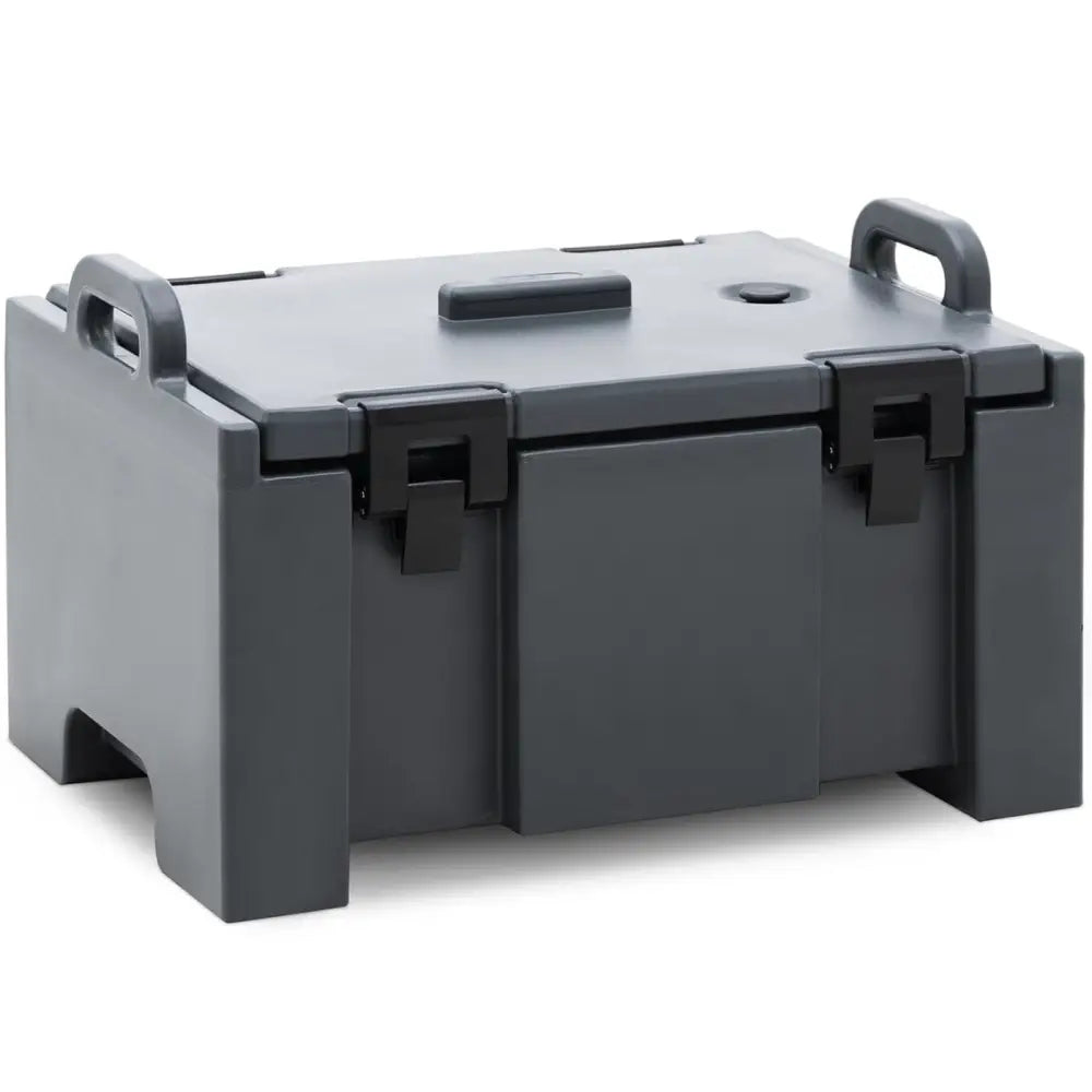 Termosbeholder til GN 1/1, sidevisning som fremhever grått plastmateriale, solide håndtak og låsemekanismer.