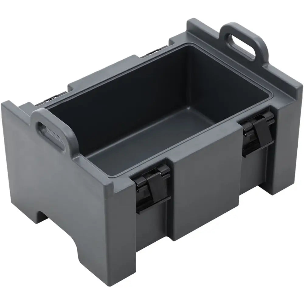 Termosbeholder for catering GN 1/1, grå plast med sorte klips og åpne håndtak sett skrått ovenfra.