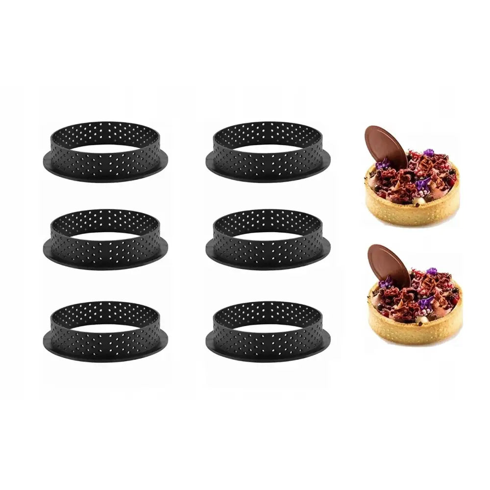 Terteform Edmar 8 cm, seks svarte perforerte former med små sjokoladeterter pyntet med lilla dekor.