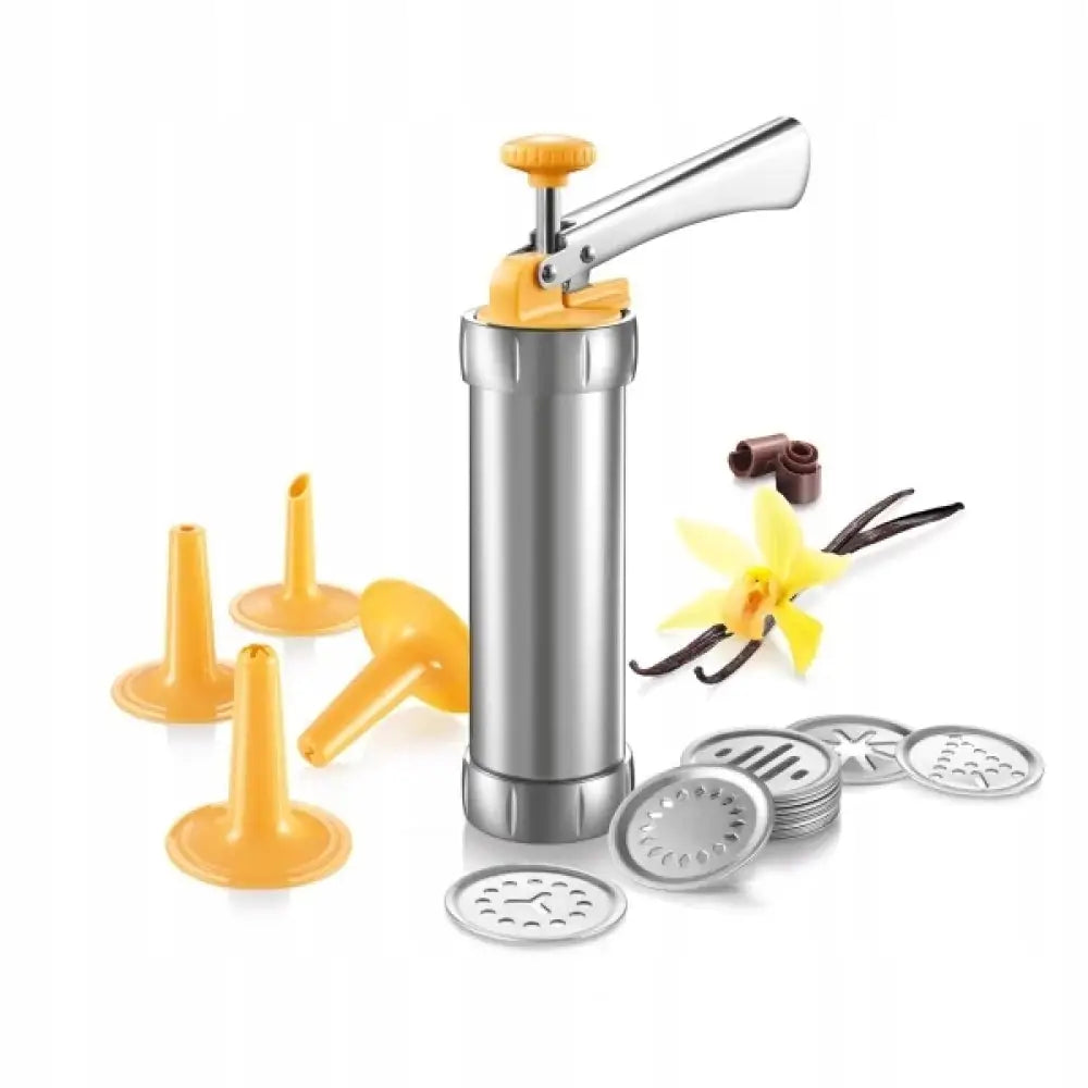 Tescoma kakesprøyte dekoratør med gult håndtak, sidevisning med tilbehør og utskiftbare metallskiver.