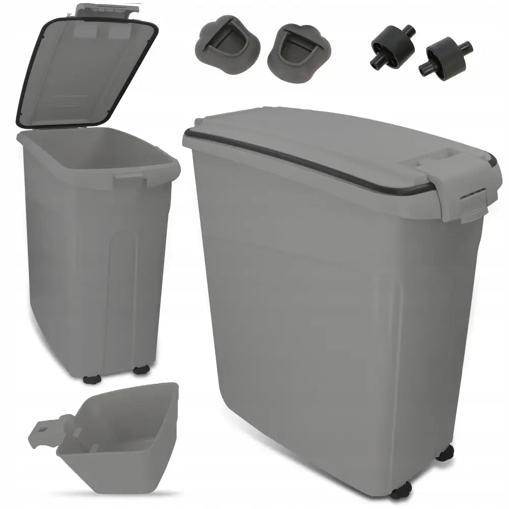 Tett beholder for tørrfôr 54 L i grå plast med hjul, sidehåndtak og liten uttrekksskuff.