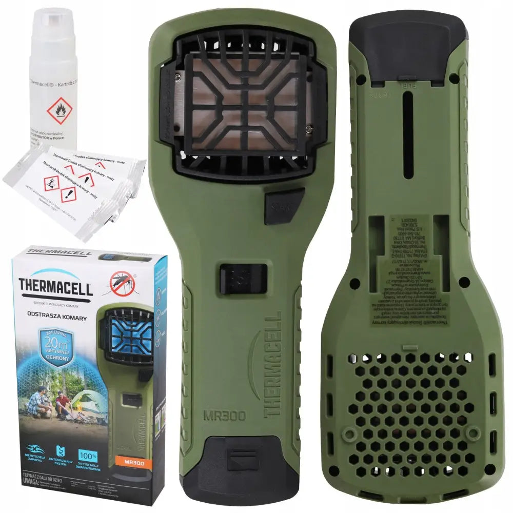 Thermacell myggavskrekkende apparat i grønn plast, med tilbehør, ampuller og original eske synlig.