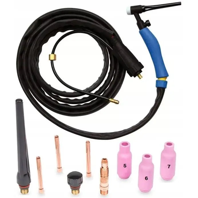 Tig sveisehåndtak med blått grep, svart slange, samt kobberdyser og rosa keramiske hetter foran.