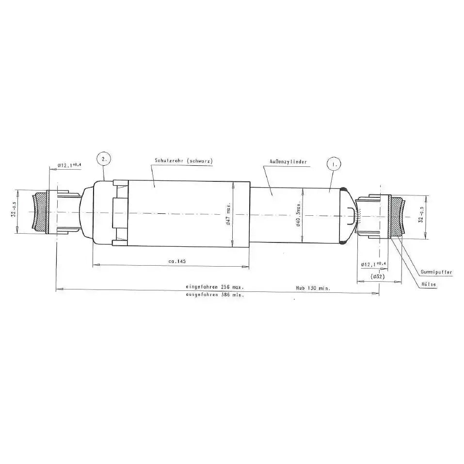 AL-KO Octagon støtdemper, teknisk strektegning med mål og diametere, gummipuffer i begge ender.