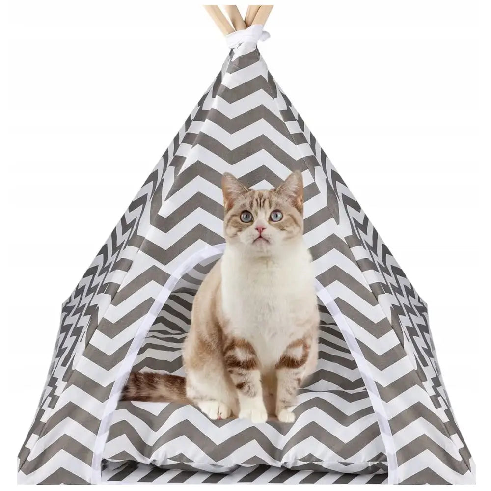 Tipitelt seng for katt og hund i grått og hvitt sikksakkmønster, med katt som hviler på matchende pute inni teltet.