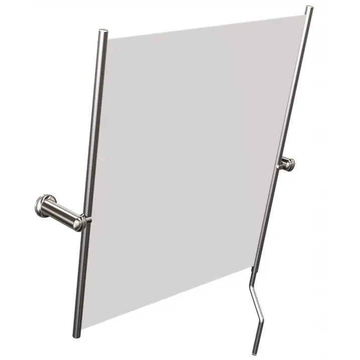 Tippbart speil med håndtak, skrå sidevisning som fremhever metallramme, festebraketter og buet stang nederst.