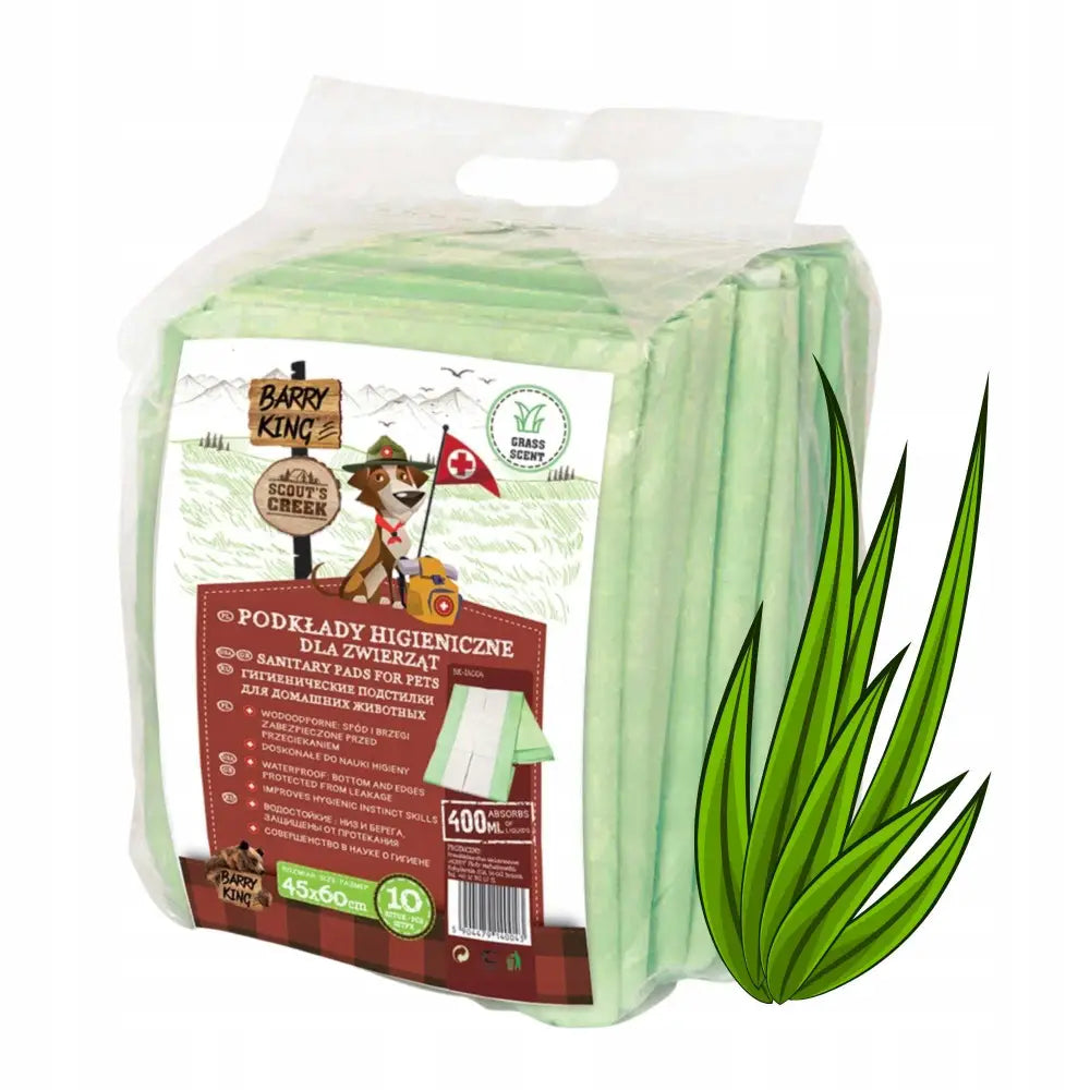 Tisseunderlag for hund 45 x 60 cm, pakke med grønne matter og synlig etikett med hundetegning og gressblad-illustrasjon.