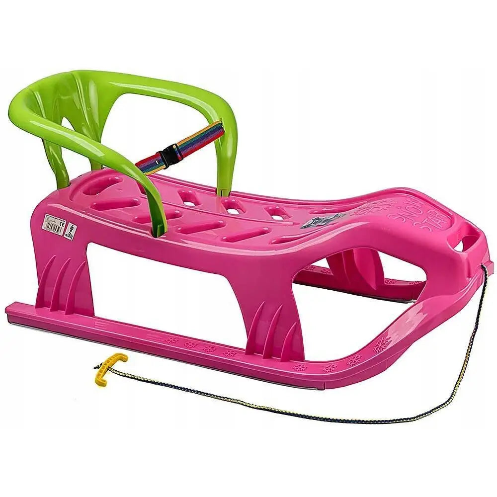 To-seters rosa akebrett med grønt sete og ryggstøtte, tau og håndtak synlig fra skrå side.