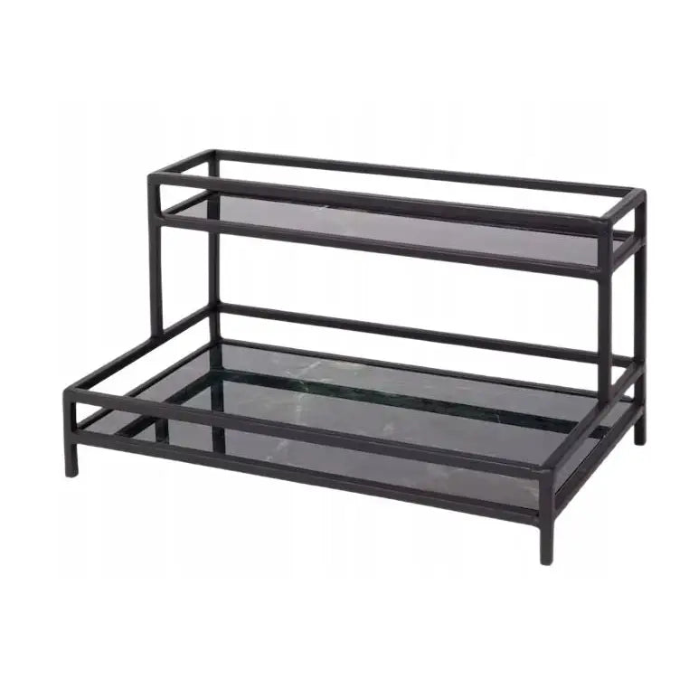 Toalettartikkelholder med to nivåer, sort metallramme og mørke glasshyller, skrå forfra mot hvit bakgrunn.