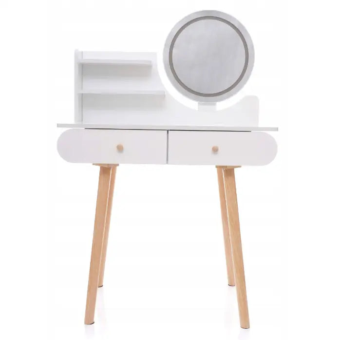 Toalettbord med LED-speil Scandi 09, frontvisning med to hvite skuffer, rund speil og hyller til venstre.