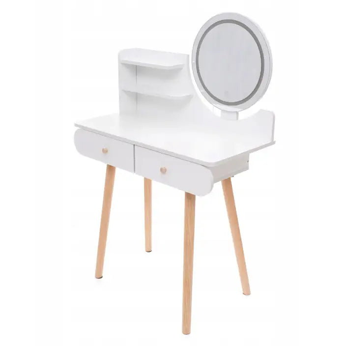 Toalettbord med LED-speil Scandi 09, sidevinkel som fremhever treben, to skuffer og lyst rundt speil.