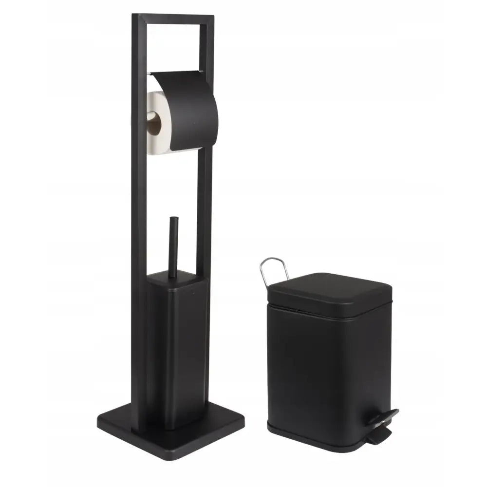 Sort toalettbørsteholder med integrert børste og 3L pedalbøtte i metall, sett fra skrå vinkel.