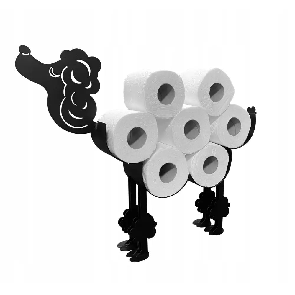 Toalettpapirholder formet som sort metallhund med hvite doruller stablet som kropp, sidevisning mot hvit bakgrunn.