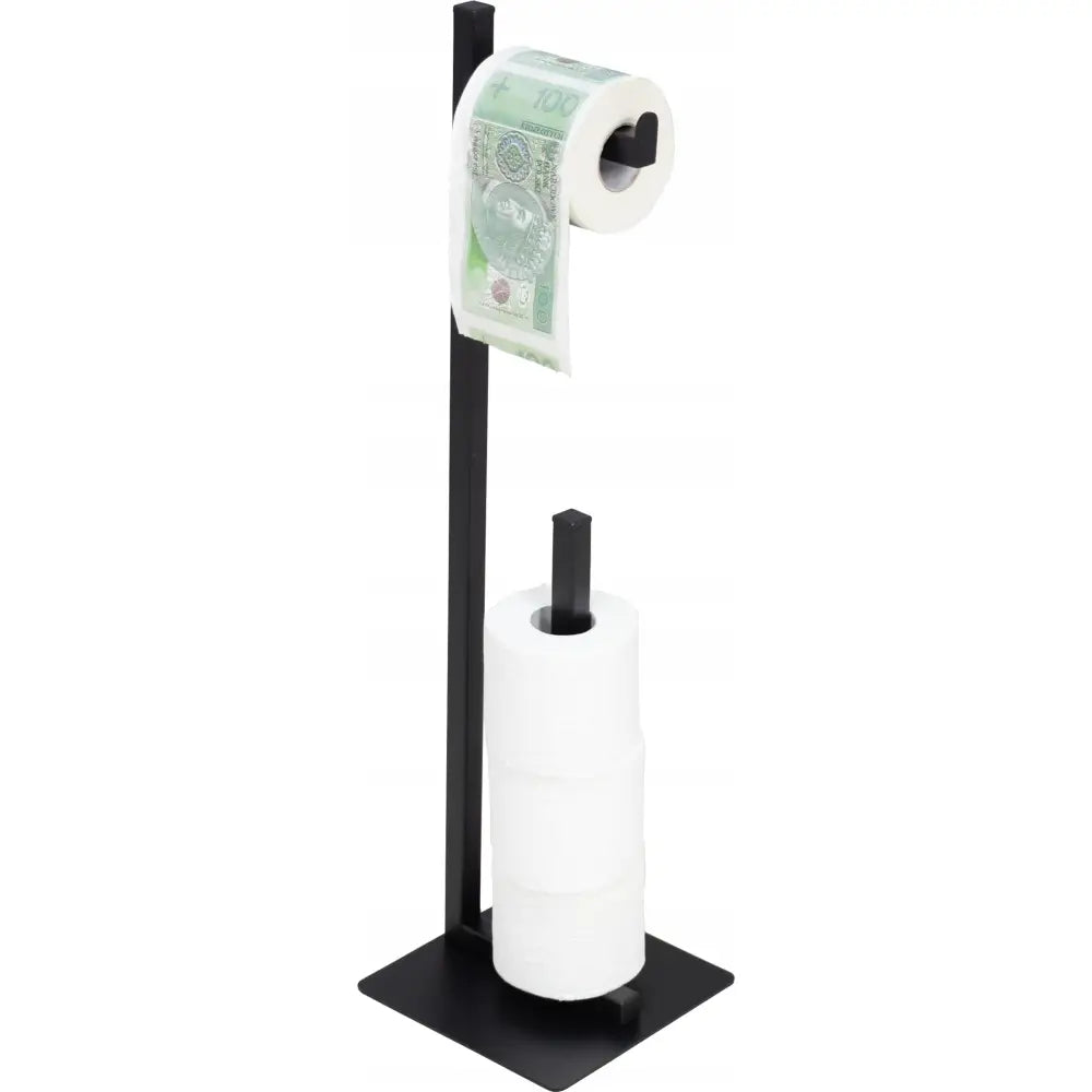 Toalettpapirholder Loft i svart metall, sidevisning med dorull med pengemotiv og tre ekstra hvite doruller.