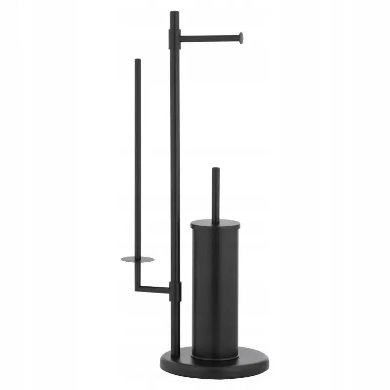 Toalettpapirholder og toalettbørste 3-i-1 i matt sort metall med ekstra rullholder, sett skrått mot hvit bakgrunn.