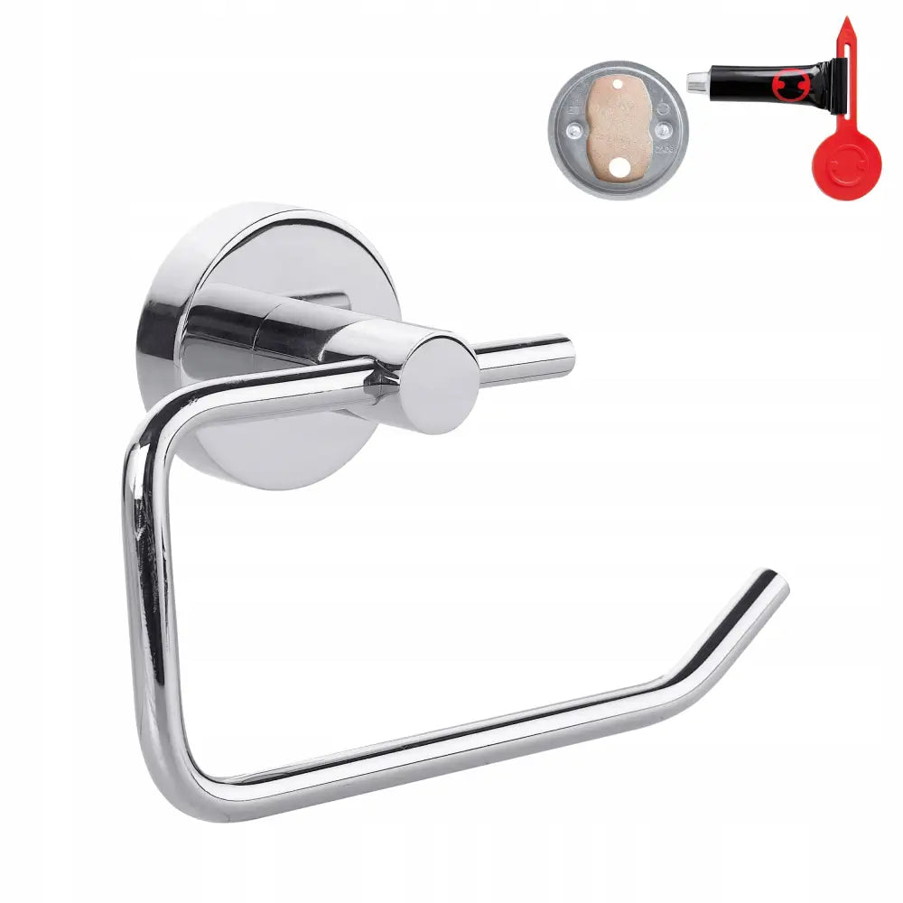 Toalettpapirholder i krom med runde former, sett fra siden, inkludert veggmonteringssett og lim.