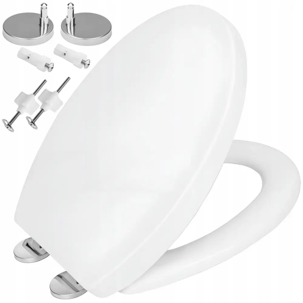 Toalettsete Aqui Classic med Soft Close, hvit modell med synlige monteringsbeslag i metall og plast, skrå vinkel.