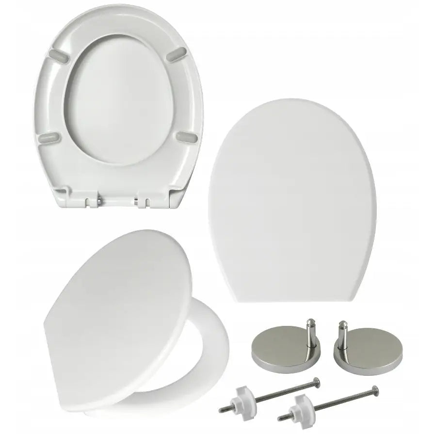 Toalettsete med oval form, avtakbart design, vist fra overside og underside med festebeslag i metall og plast.