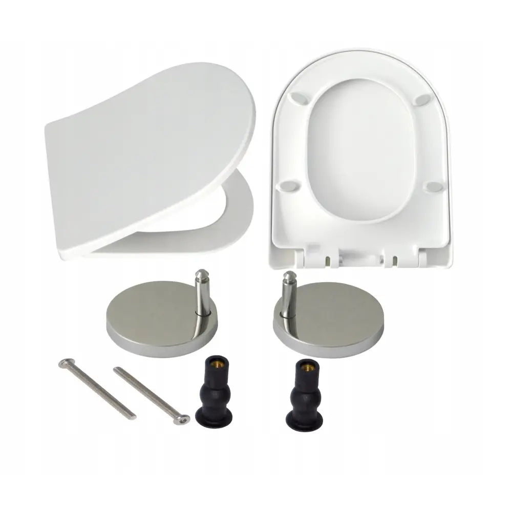 Toalettsete for Roca Nexo Meridian med soft-close, sett ovenfra med alle monteringsdeler utlagt.