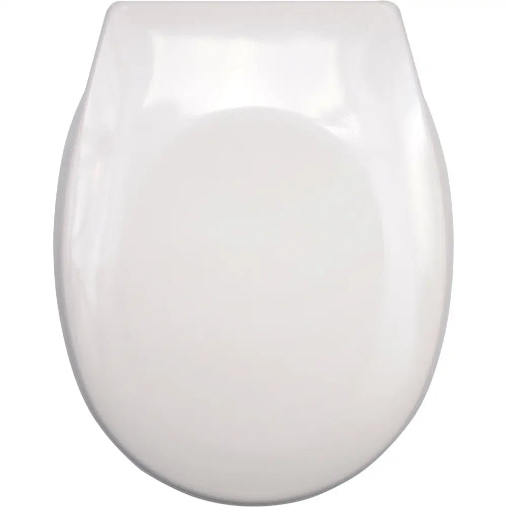 Toalettsete Bølge i hvit, avrundet soft-close-design med glatt blank finish, sett rett ovenfra.
