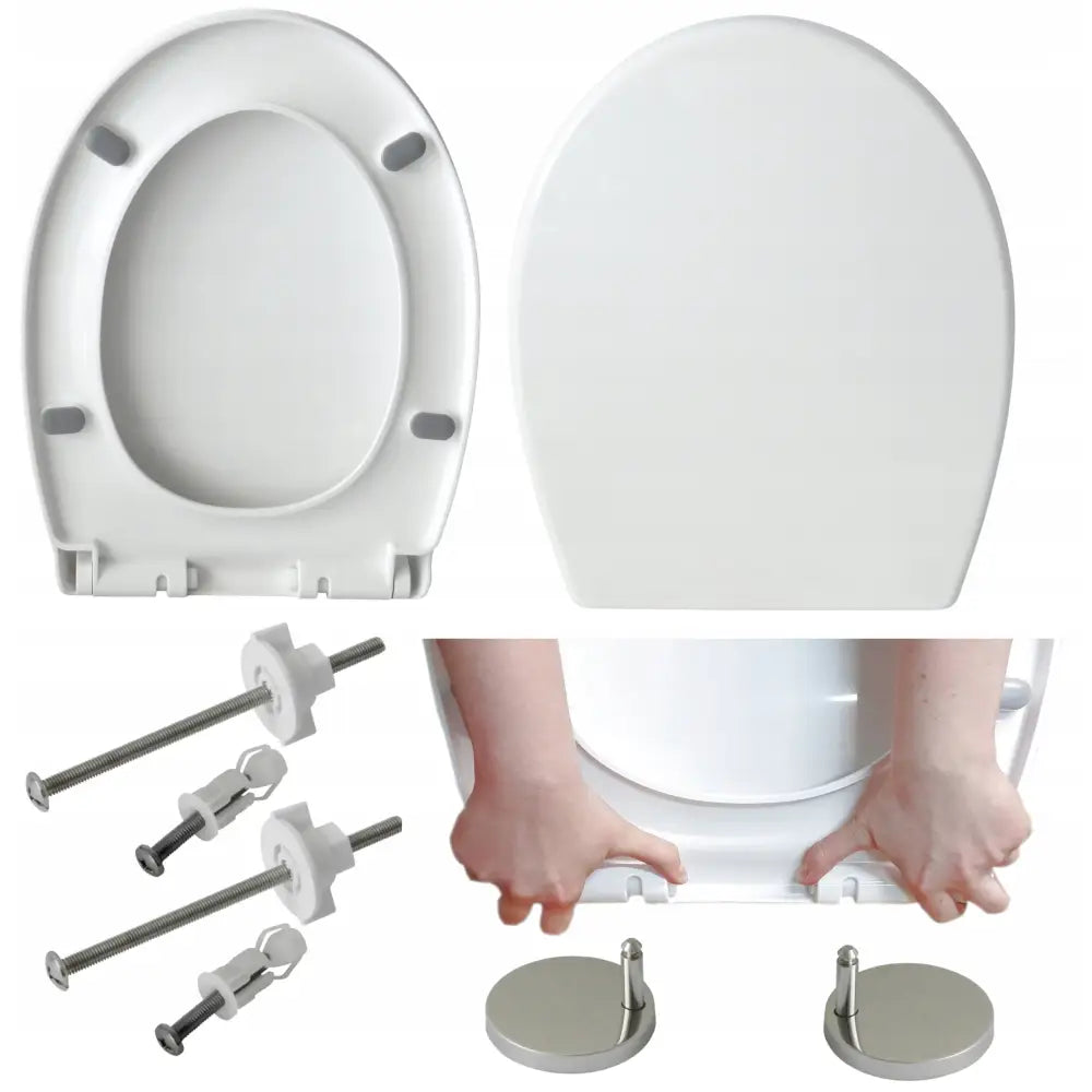 Toalettsete med soft-close, hvitt lokk og sete sett fra begge sider, med metallfester og monteringsskruer.