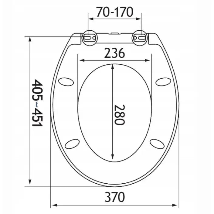 Toalettsete med Soft-Close, teknisk tegning ovenfra med detaljerte mål og festepunkter i millimeter.