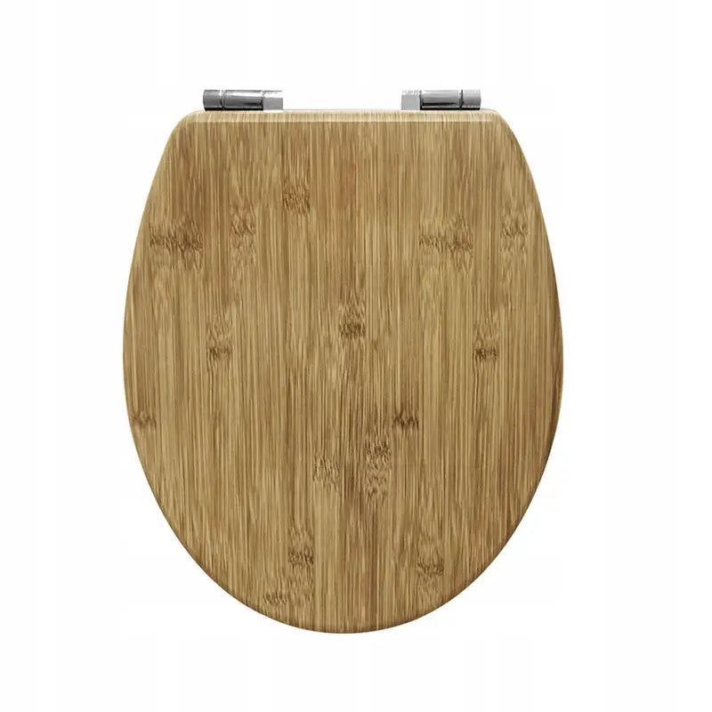 Toalettsete med soft-close i MDF, bambusmønster, sett ovenfra med synlig trefiber og metallhengsler.