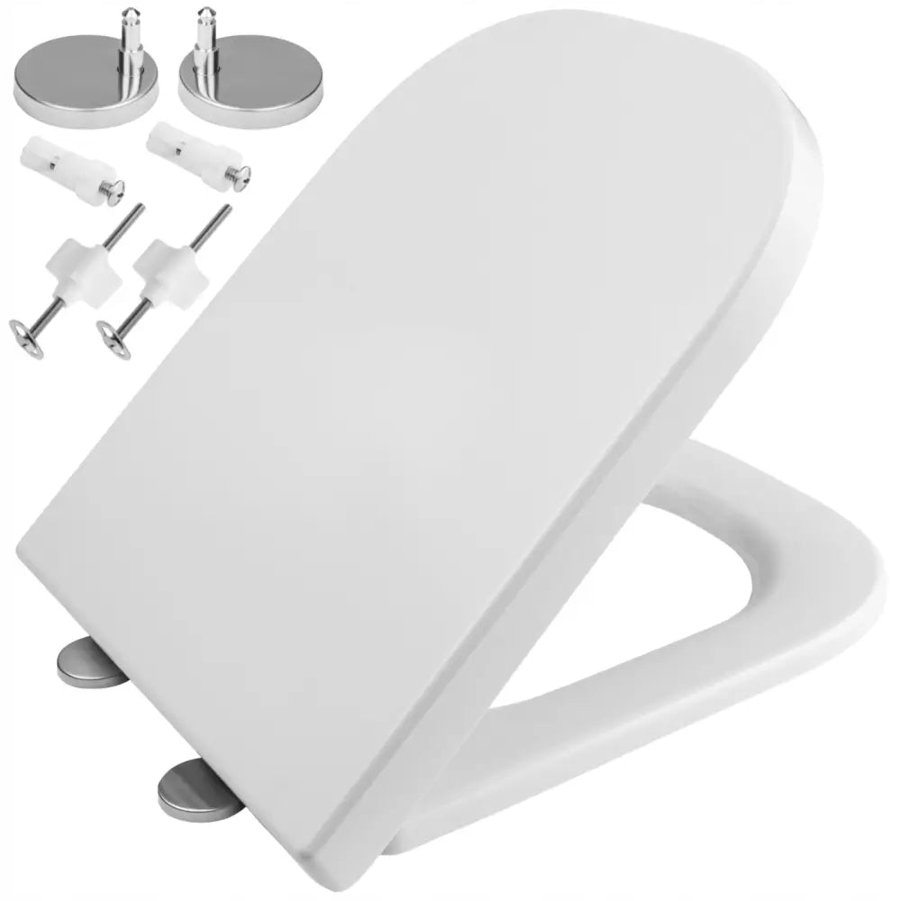 Toalettsete med soft-close og quick-release, ovalt hvitt plastdesign, sett fra siden med monteringsdeler.