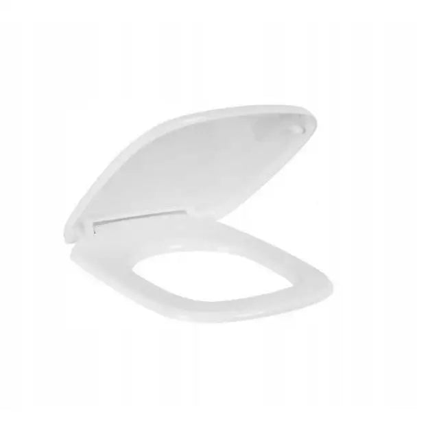 Toalettsete Koło Style Stilo med soft-close, hvit plast, sidevisning med delvis åpent lokk og moderne design.