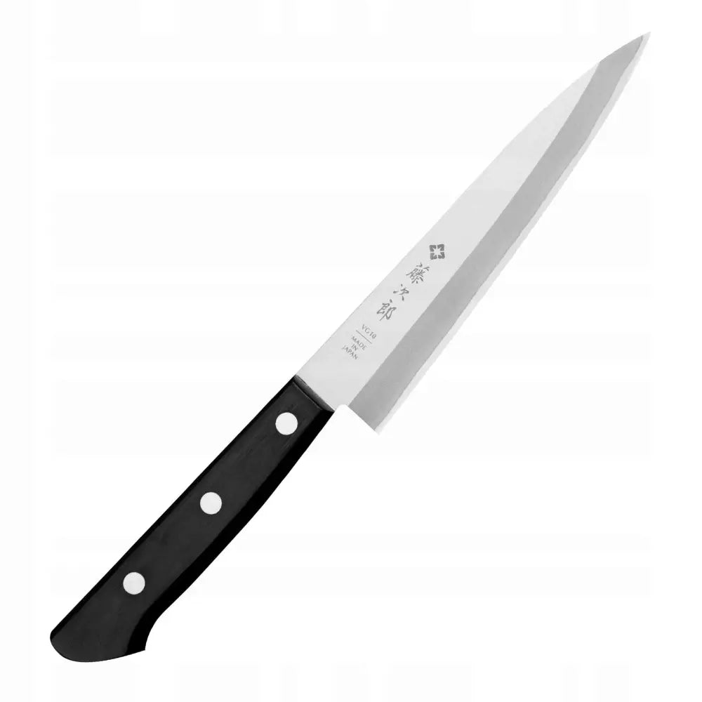 Tojiro Basic VG-10 universalkniv med blankt stålblad og sort håndtak med tre sølvnagler, sidevisning.