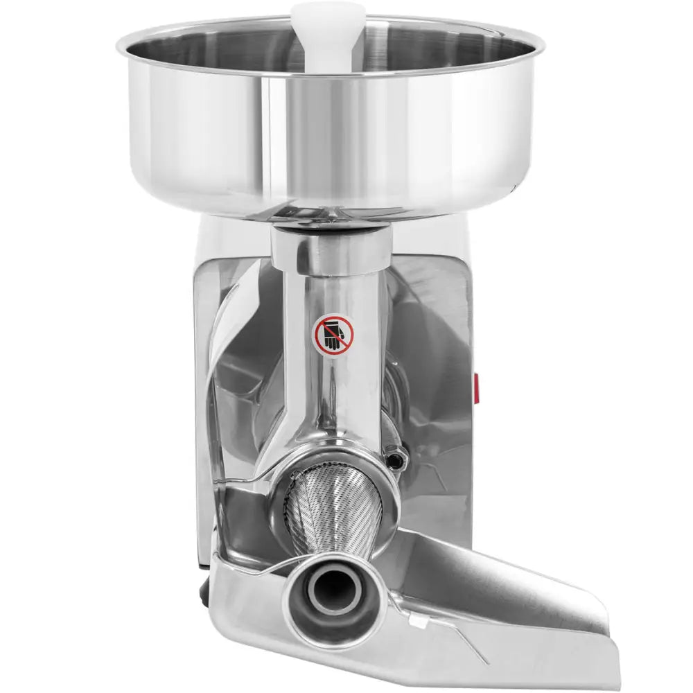 Tomat- og grønnsakspuremakermaskin sett forfra, stor toppbeholder og synlig advarselsmerke på kontrollpanelet.