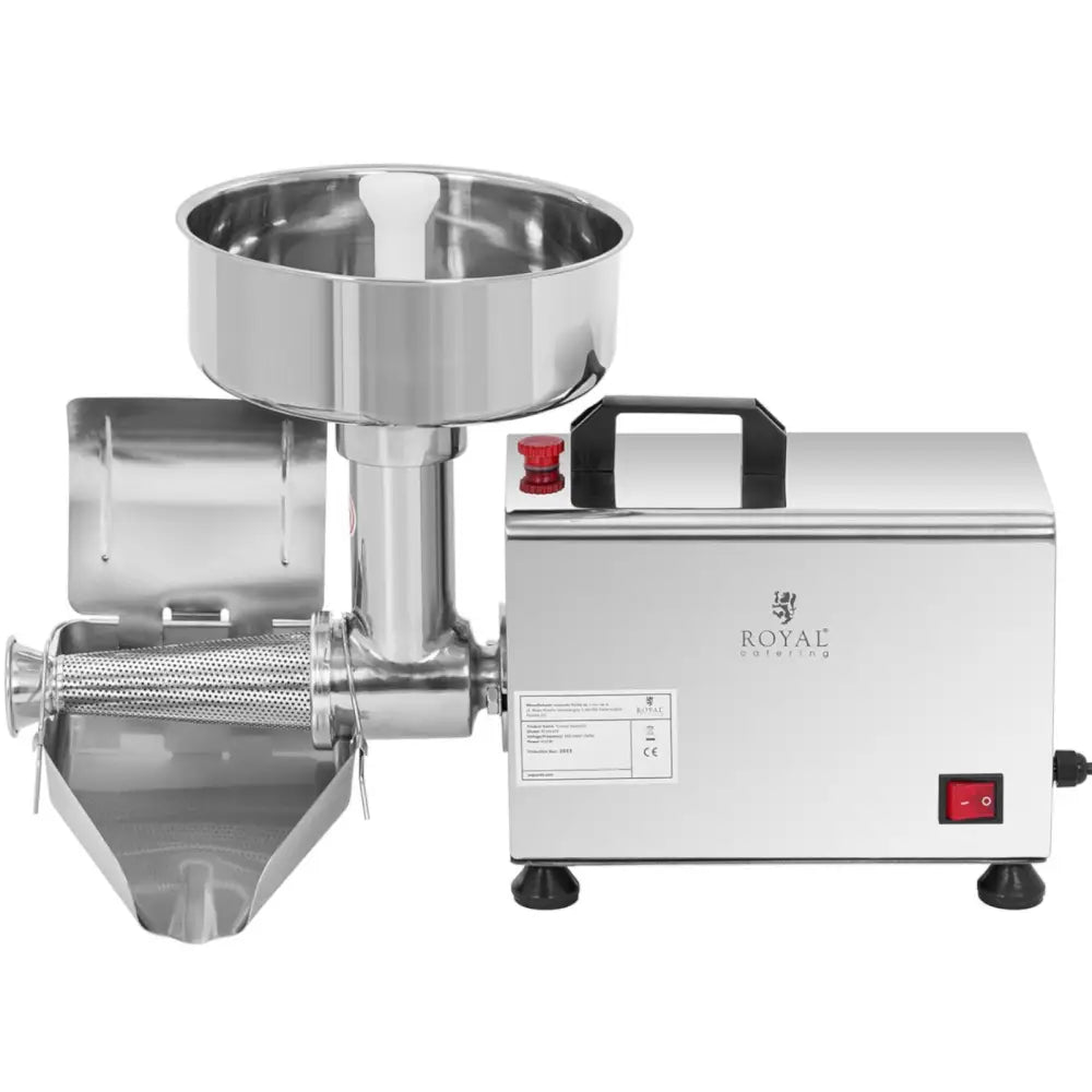 Tomat- og grønnsakspuremakermaskin, frontvisning med stor trakt, sidehåndtak og rød nødstopp-knapp.