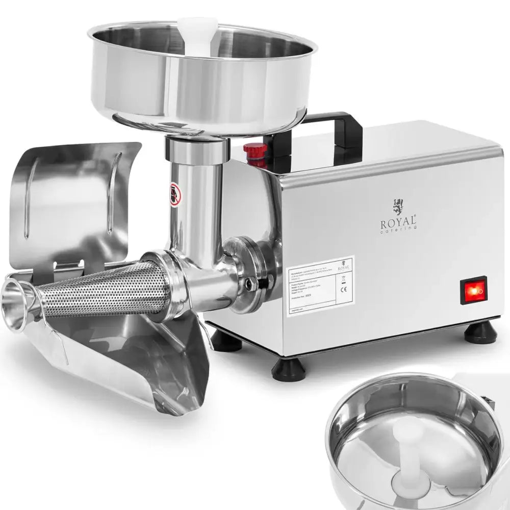 Tomat- og grønnsakspuremakermaskin i stål, sett fra siden med rød av/på-knapp og rund materingsbolle.