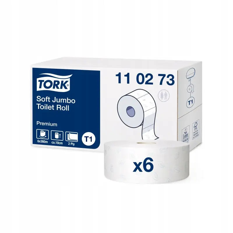 Tork Jumbo toalettpapir T1, seks store ruller i eske med én rull fremhevet foran og tydelig x6-merke.