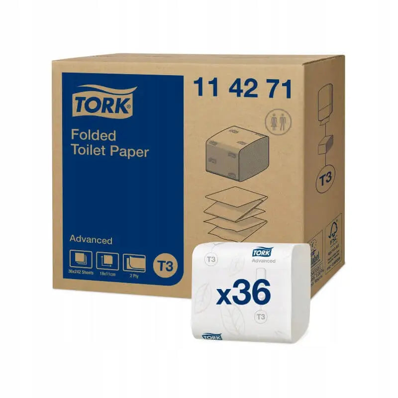 Tork toalettpapir i bretter T3, stor eske med blå logo og én hvit pakke foran merket x36.