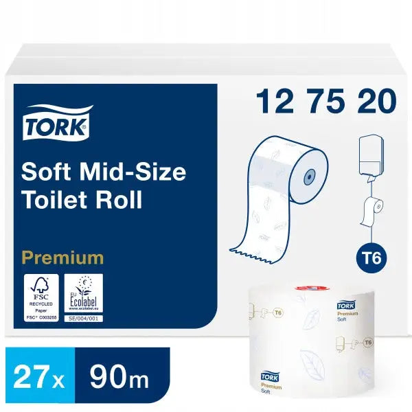 Tork toalettpapir T6, eske med 27 hvite ruller og blå detaljer, produktinfo synlig på emballasjen.